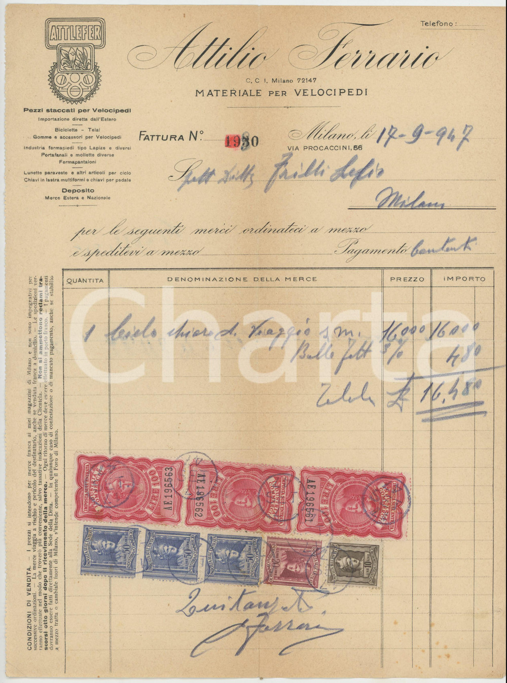 Documento originale, autentico 1947 MILANO Via Procaccini 56  Attilio FERRARIO Materiale velocipedi Fattura 1