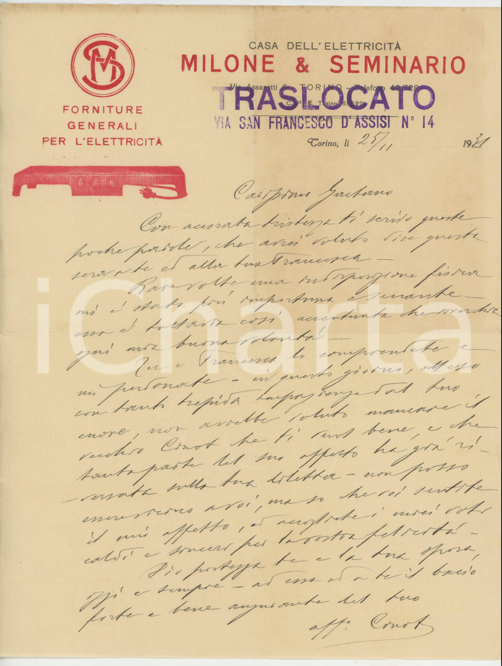 Documento originale, autentico 1931 TORINO Via San Francesco d Assisi  MILONE & SEMINARIO Elettricità Lettera 1