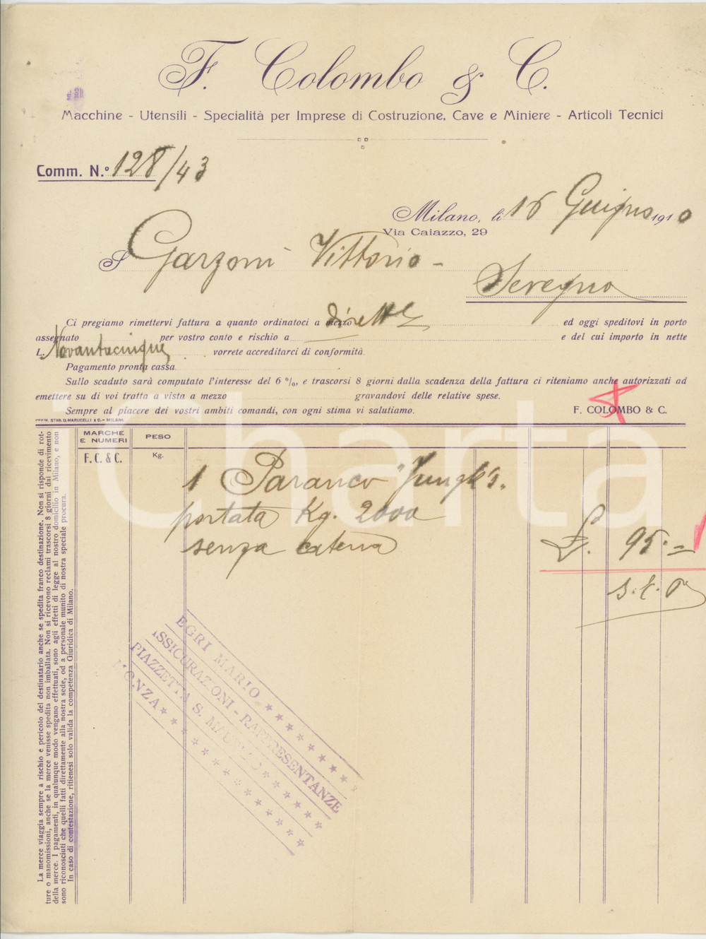Documento originale, autentico 1910 MILANO Via Caiazzo 29  Ditta F. COLOMBO & C. Macchine utensili Fattura 1