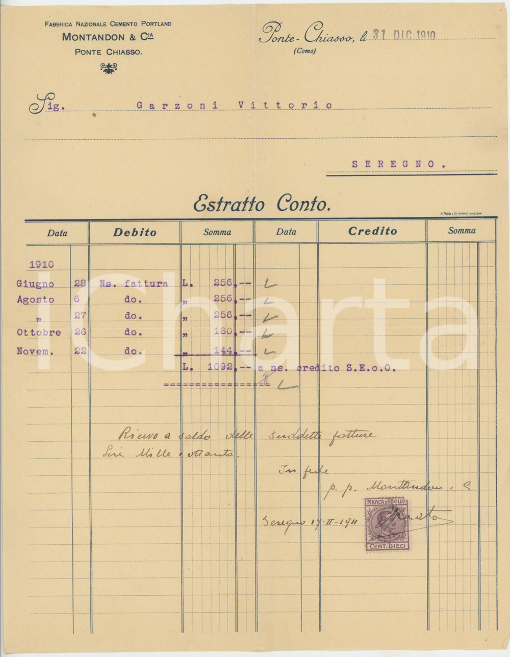 Documento originale, autentico 1910 COMO PONTE CHIASSO Ditta MONTANDON Cemento PORTLAND  Estratto conto 1