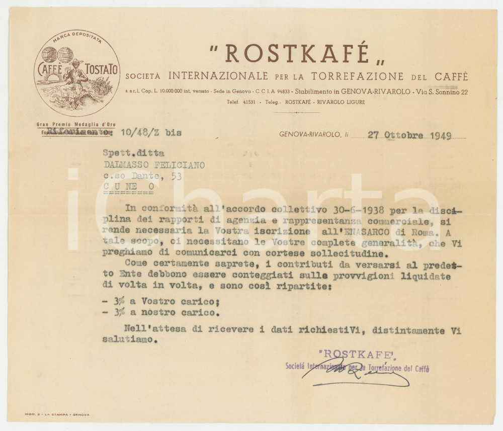 1940 GENOVA RIVAROLO Via San Sonnino 22 - ROSTKAFE' - Lettera commerciale