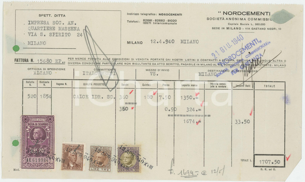Documento originale, autentico 1940 MILANO Via Gaetano Negri 10  NORDCEMENTI  Fattura per calce 1