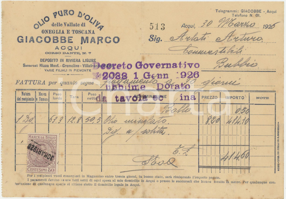 Documento originale, autentico 1926 ACQUI TERME AL Marco GIACOBBE Olio d oliva ONEGLIA e TOSCANA Fattura 1