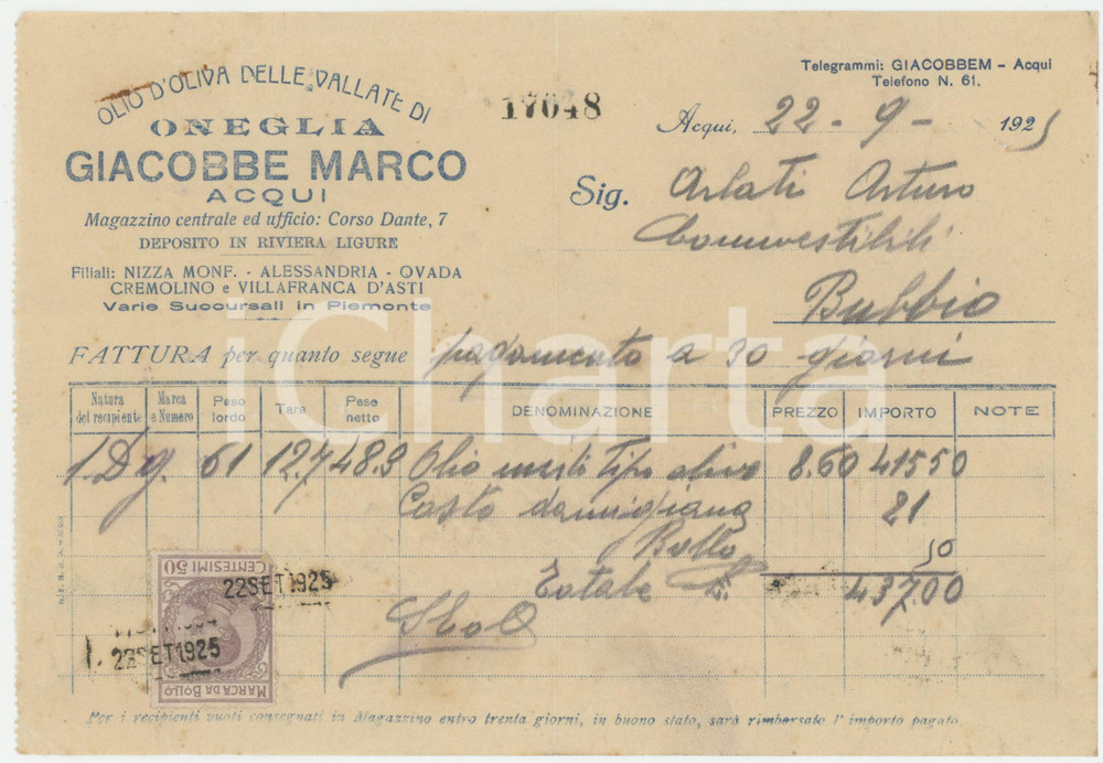 1925 ACQUI TERME (AL) Marco GIACOBBE Olio d'oliva ONEGLIA e TOSCANA ^Fattura Fattura originale d'epoca, manoscritta, su carta intestata.  POOR/danneggiato piegature d'epoca; piccoli fori da spillatura; tracce di ruggine  originale e autentica 1