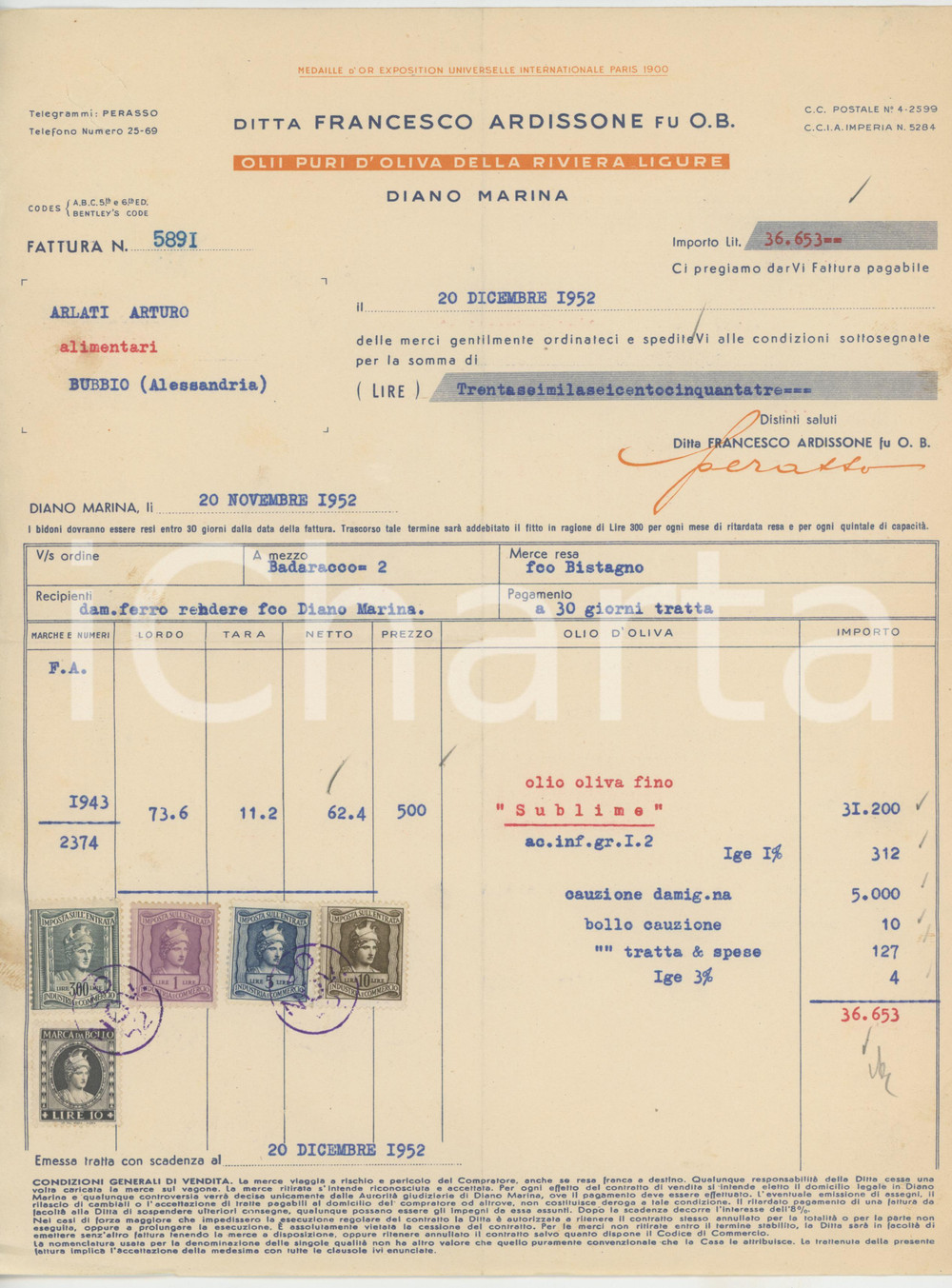 1952 DIANO MARINA Ditta Francesco ARDISSONE Olii della Riviera - Fattura