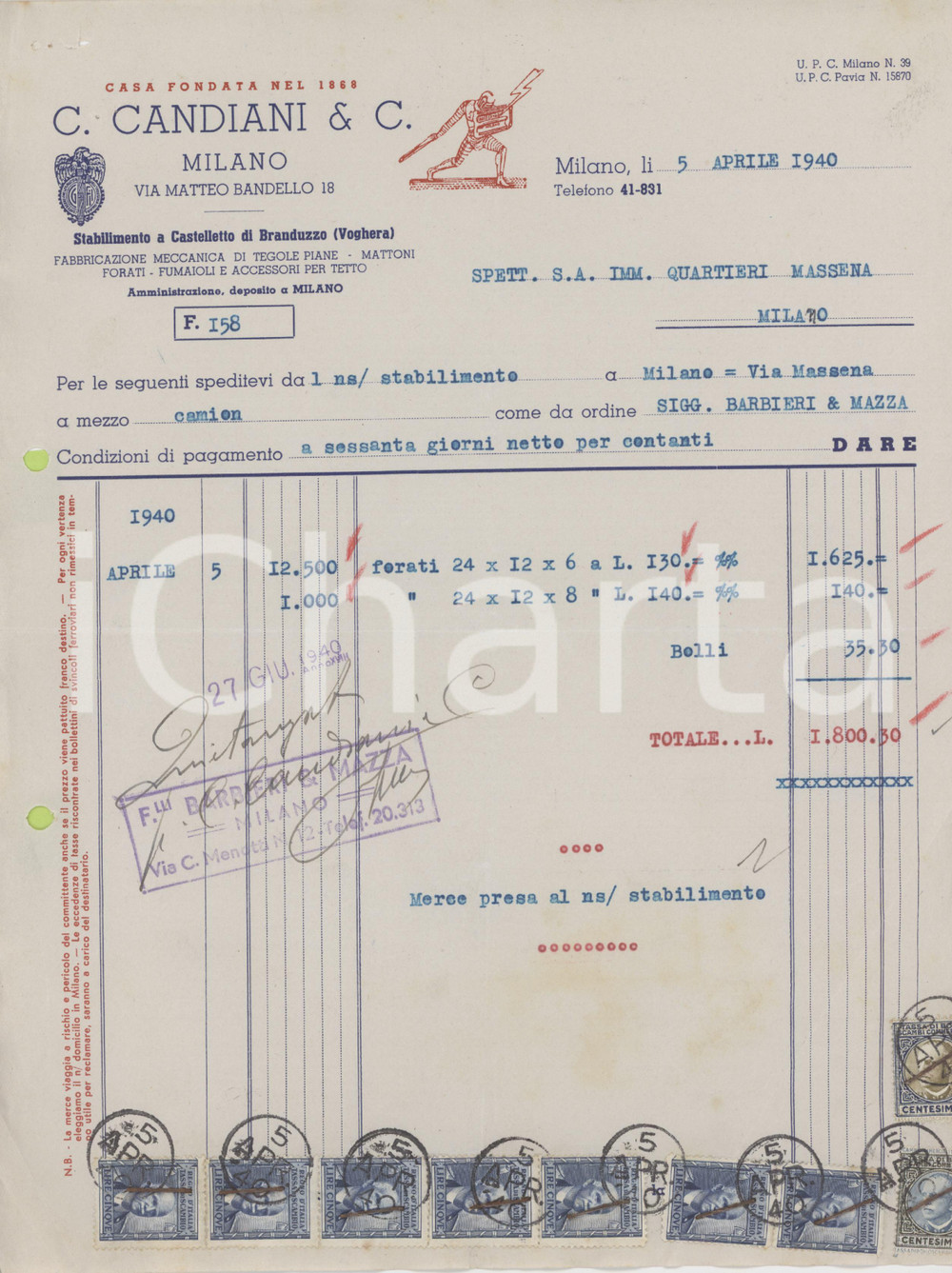 1940 MILANO Via Bandello 18 - Ditta C. CANDIANI Tegole e mattoni ^Fattura