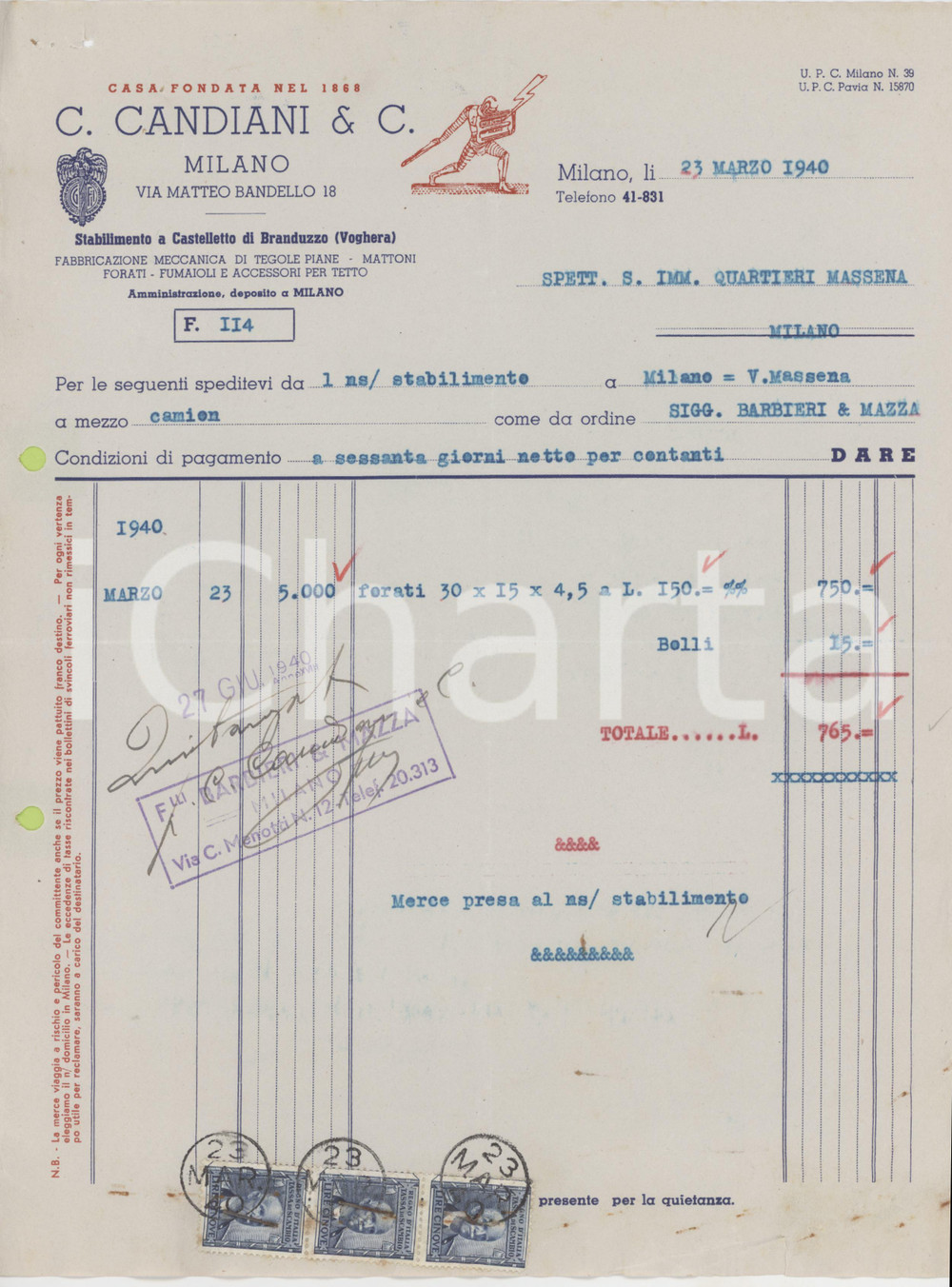 Documento originale, autentico 1940 MILANO Via Bandello 18  Ditta C. CANDIANI Tegole e mattoni Fattura 1