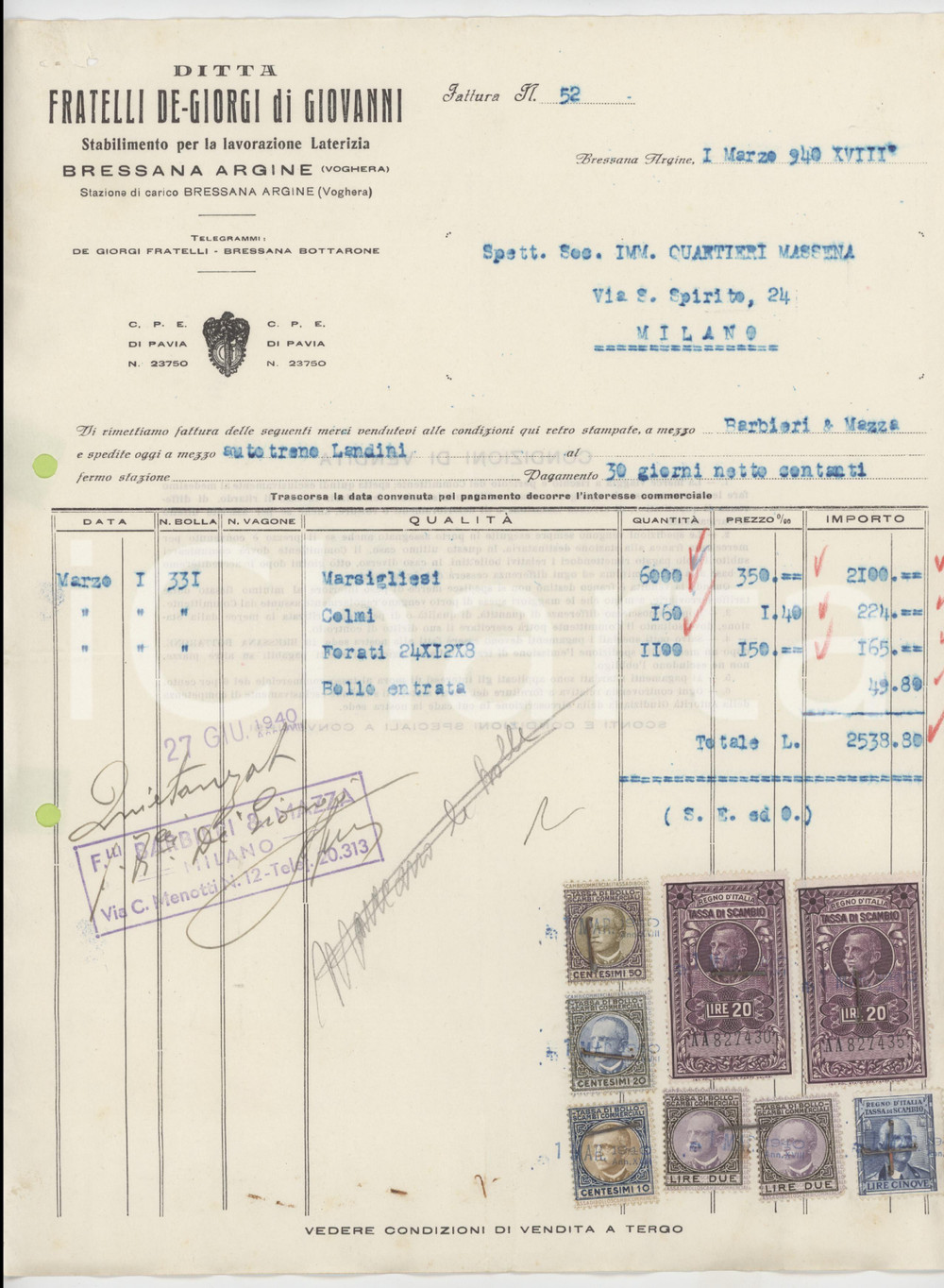 1940 BRESSANA ARGINE (PV) Fratelli DE-GIORGI Lavorazione laterizia ^Fattura