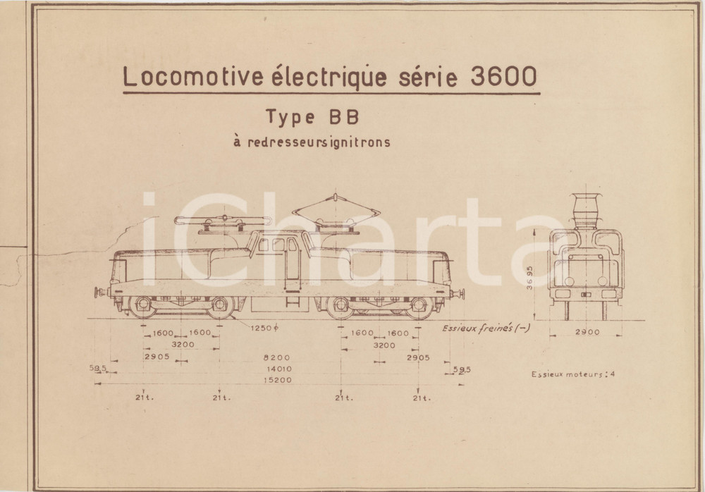 Stampa, bozzetto originale 1970 ca FRANCE Locomotive électrique série 3600 Type BB Stampa eliografica 1