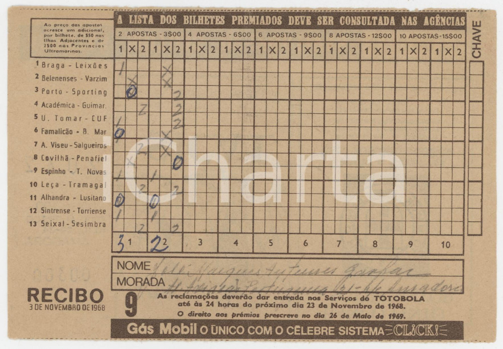 1968 PORTUGAL TOTOBOLA Semana 9 - Apostas mútuas desportivas - Bilhete Ricevuta giocata di una scheda del Totobola.   POOR/danneggiato Piegature e e gualciture diffuse FORMATO: 14x10 cm originale e autentica 1