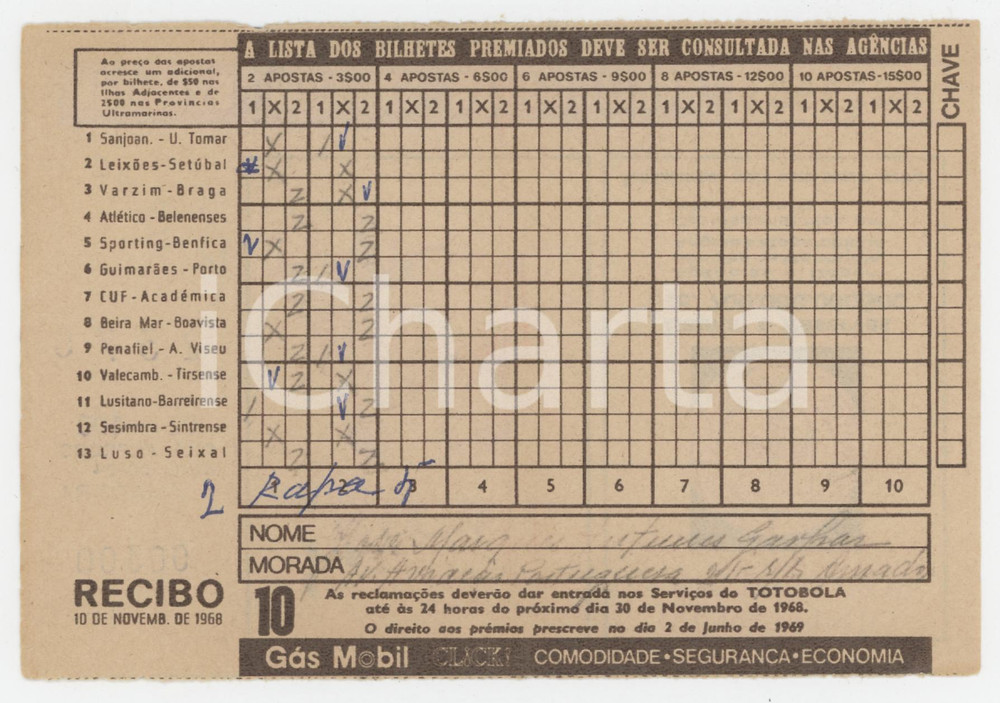 1968 PORTUGAL - TOTOBOLA Semana 10 - Apostas mútuas desportivas - Bilhete Ricevuta giocata di una scheda del Totobola.   POOR/danneggiato Piegature e e gualciture diffuse FORMATO: 14x10 cm originale e autentica 1