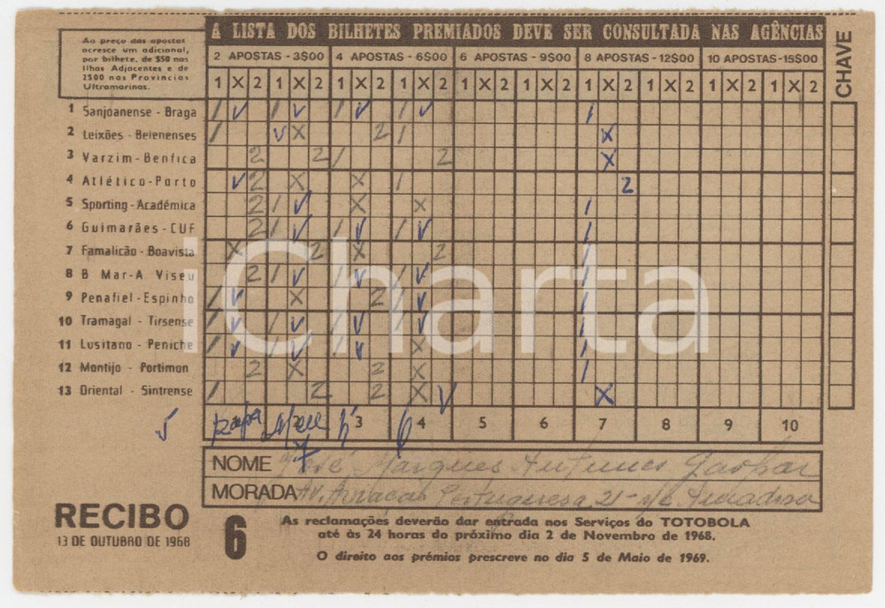 1968 PORTUGAL - TOTOBOLA Semana 6 - Apostas mútuas desportivas - Bilhete