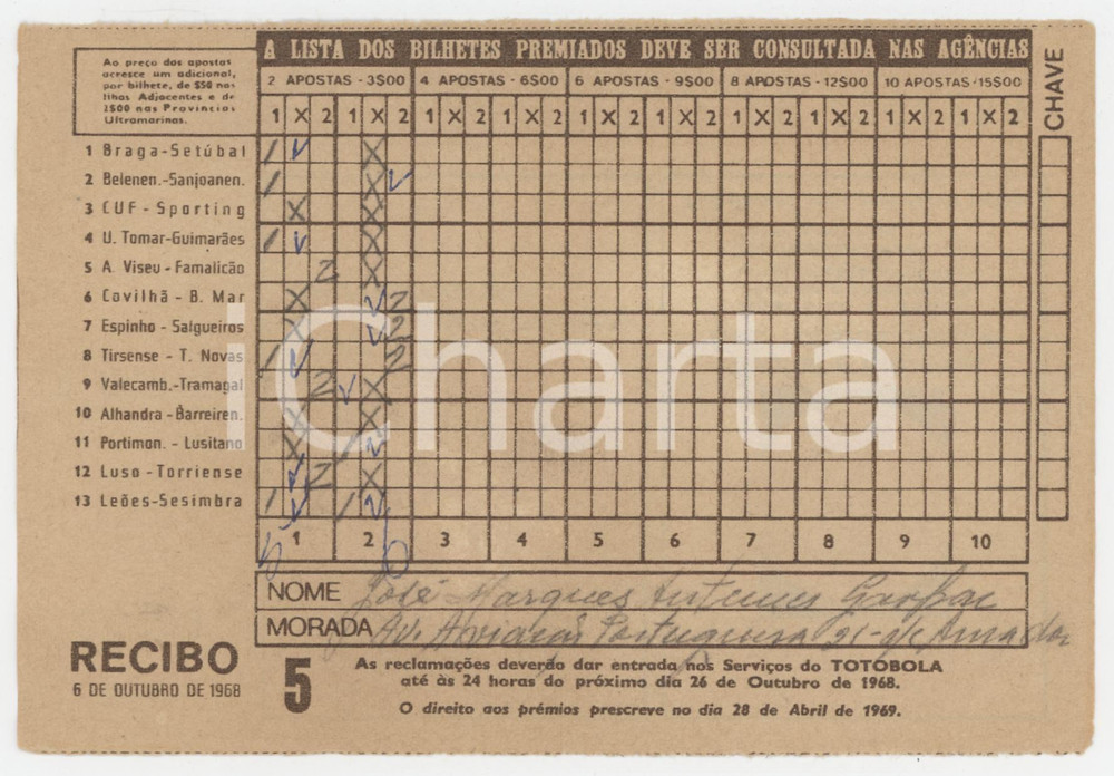 1968 PORTUGAL TOTOBOLA Semana 5 - Apostas mútuas desportivas - Bilhete 1 Ricevuta giocata di una scheda del Totobola.   POOR/danneggiato Piegature e e gualciture diffuse FORMATO: 14x10 cm originale e autentica 1