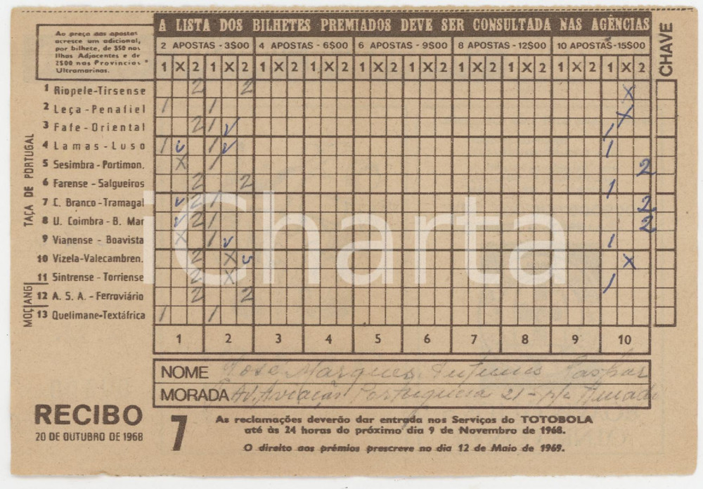 1968 PORTUGAL TOTOBOLA Semana 7 - Apostas mutuas desportivas - Bilhete 1 Ricevuta giocata di una scheda del Totobola.  POOR/danneggiato Piegature e e gualciture diffuse Formato: 14x10 cm originale e autentica 1