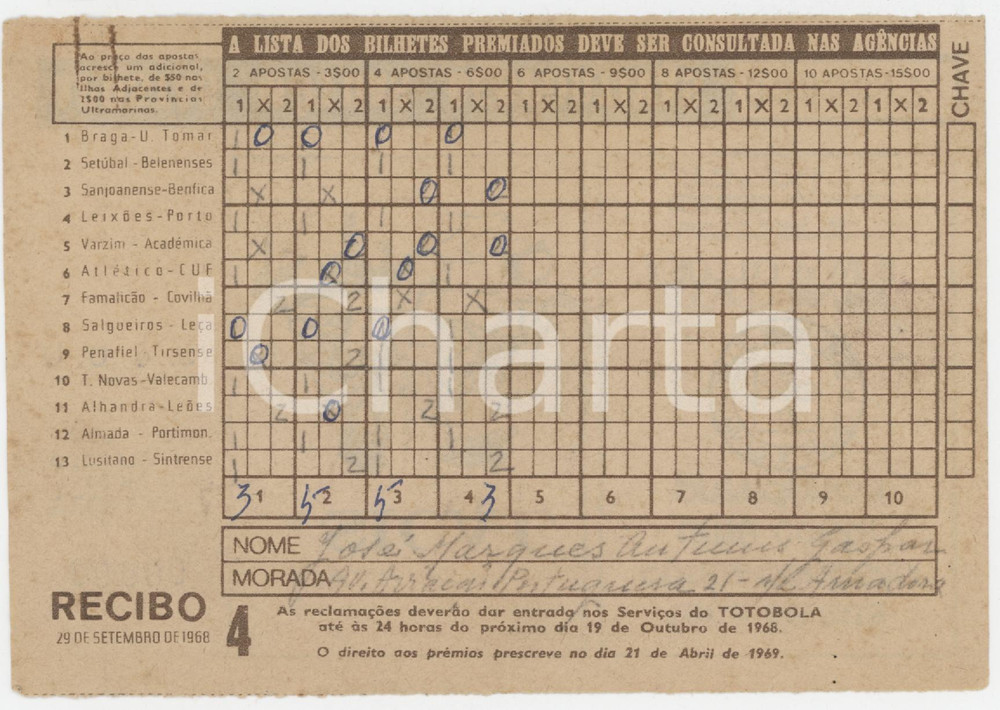 1968 PORTUGAL TOTOBOLA Semana 4 - Apostas mutuas desportivas - Bilhete 5 Ricevuta giocata di una scheda del Totobola.  POOR/danneggiato Piegature e e gualciture diffuse Formato: 14x10 cm originale e autentica 1