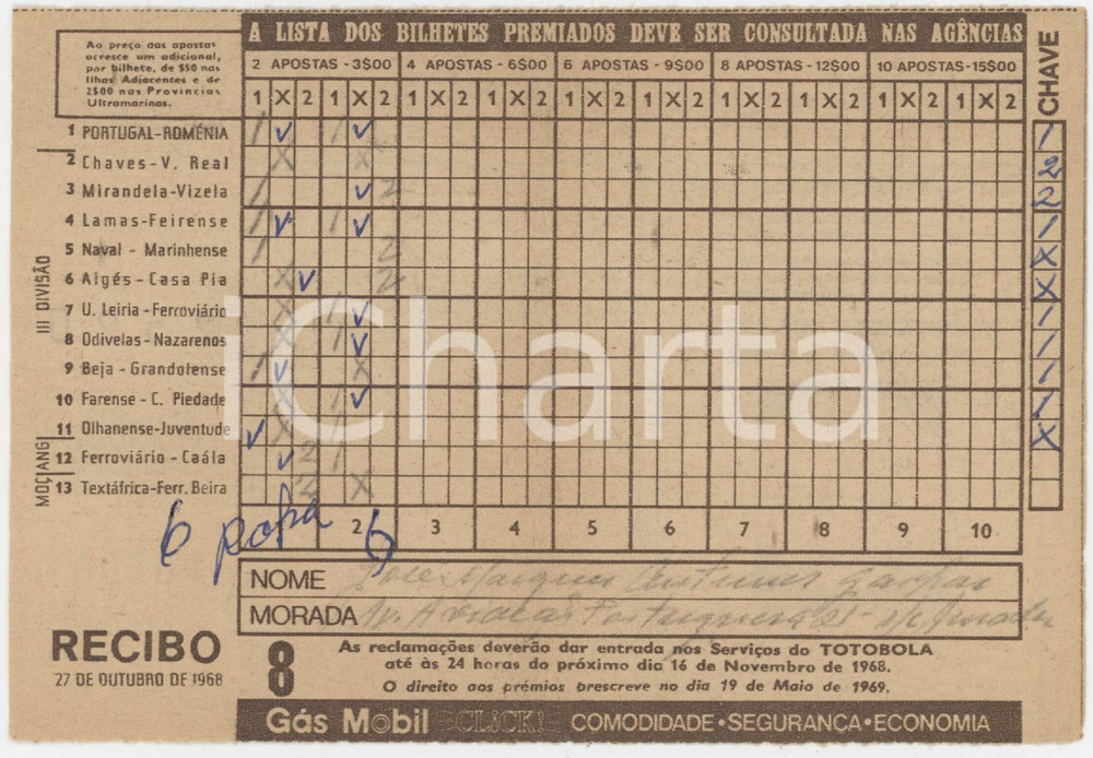 1968 PORTUGAL - TOTOBOLA Semana 8 - Apostas mútuas desportivas - Bilhete Ricevuta giocata di una scheda del Totobola.  POOR/danneggiato Piegature e e gualciture diffuse Formato: 14x10 cm originale e autentica 1