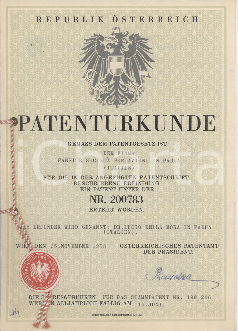 1959 AUSTRIA Attestato brevetto FAESITE per dispositivo inserimento di liquido