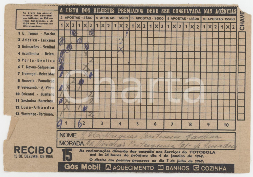 1968 PORTUGAL - TOTOBOLA Semana 15 - Apostas mútuas desportivas - Bilhete