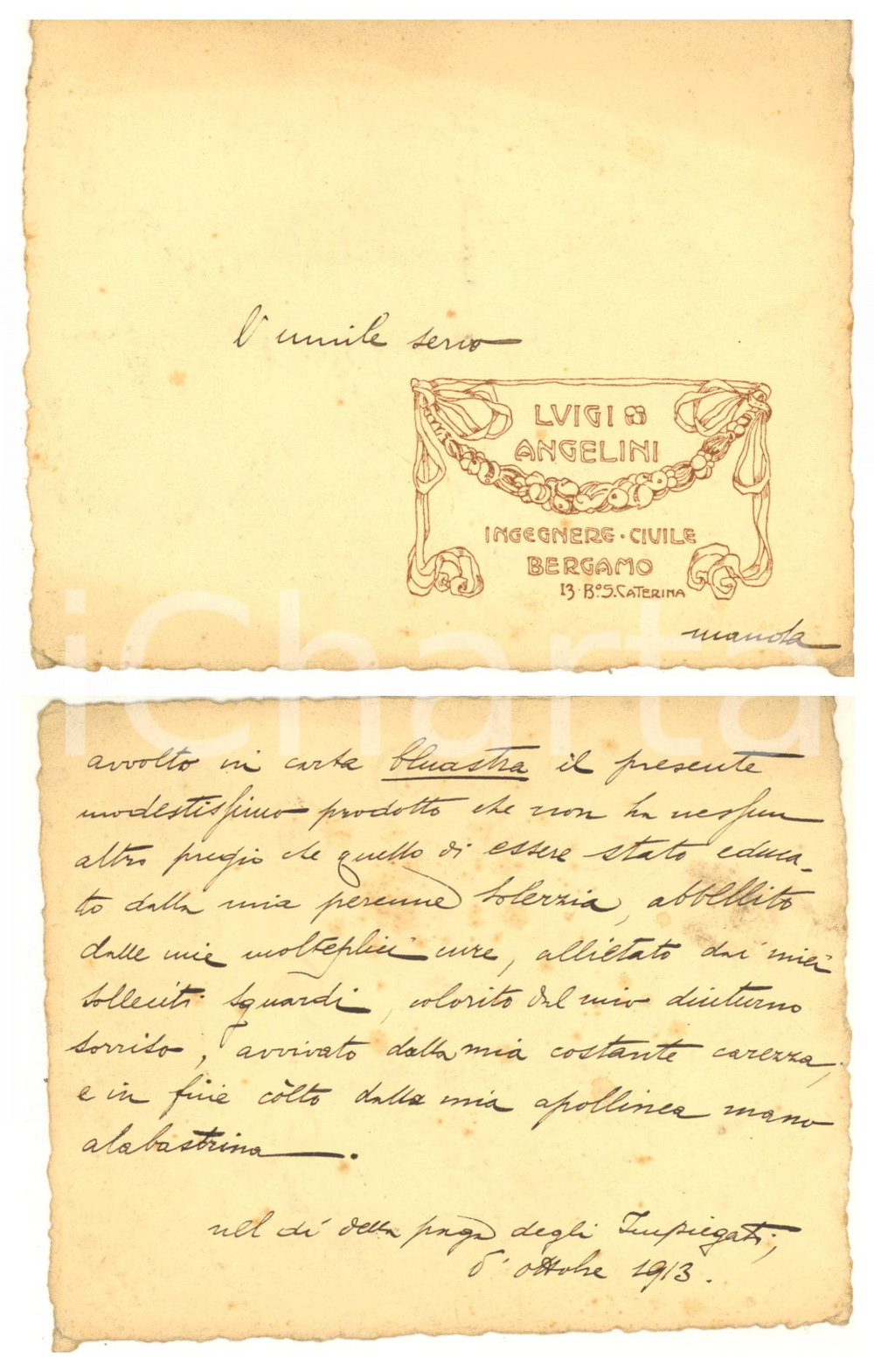 1913 BERGAMO Luigi ANGELINI ingegnere - Biglietto AUTOGRAFO per dono