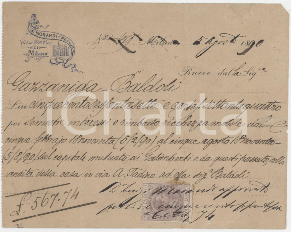 1874 MILANO C.so Vittorio Emanuele - Notaio Luigi MORANDI - Ricevuta manoscritta