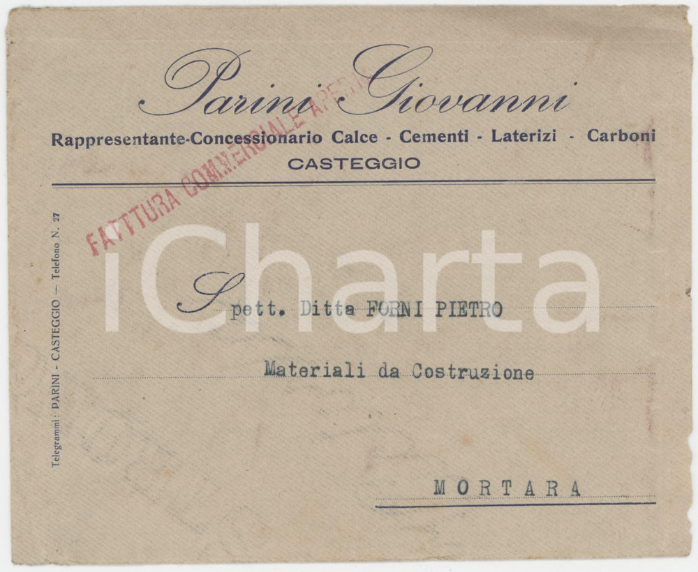 Documento originale, autentico 1950 ca CASTEGGIO PV Giovanni PARINI calce e laterizi  Busta vuota 1
