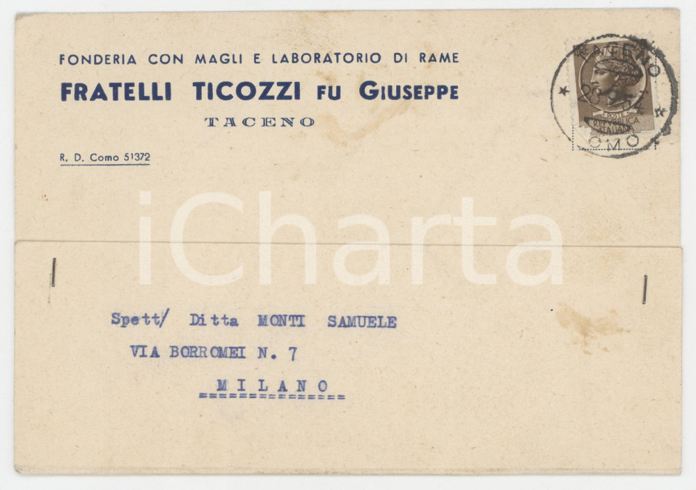 1954 TACENO (LC) Ditta Fratelli TICOZZI Fonderia magli e rame - Cartolina