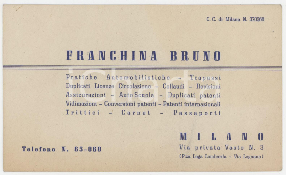 1950 ca MILANO Piazza Lega Lombarda - Bruno FRANCHINA Pratiche auto *Biglietto