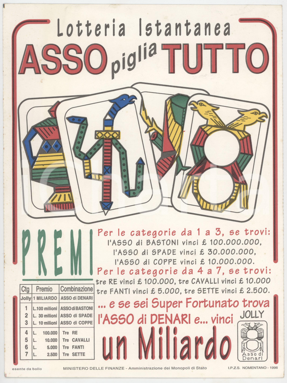 1996 MONOPOLI DI STATO Lotteria "Asso piglia tutto"- Pubblicitario 20x27 cm