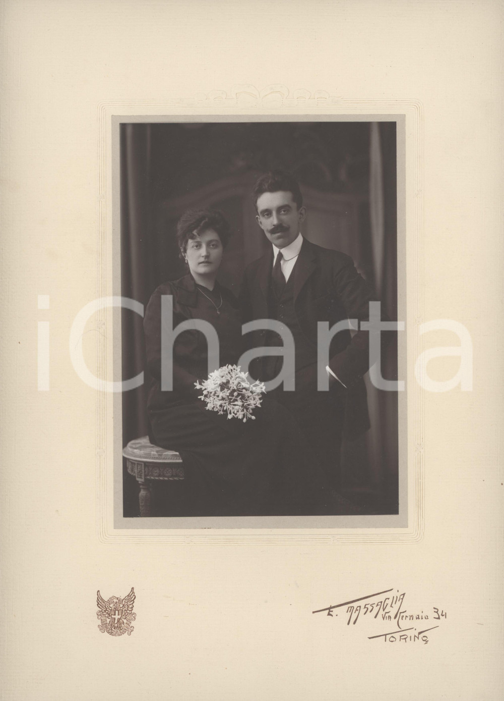 1920 ca TORINO Coppia di sposi - Ritratto - Foto Ercole MASSAGLIA 24x34 cm