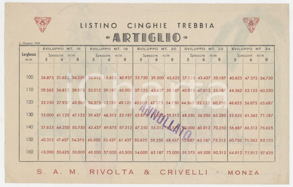 1950 MONZA S.A.M. Listino Cinghie Trebbia ARTIGLIO - Listino prezzi  Listino prezzi originale d'epoca, con disegno a pastello al verso.  FAIR/discreto lievi gualciture Formato: 22x14 cm originale e autentica 1