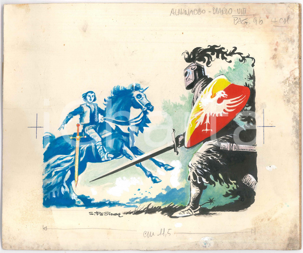 1975 ca S. DE SIMONE - Cavalieri per almanacco - Tempera originale su tavola