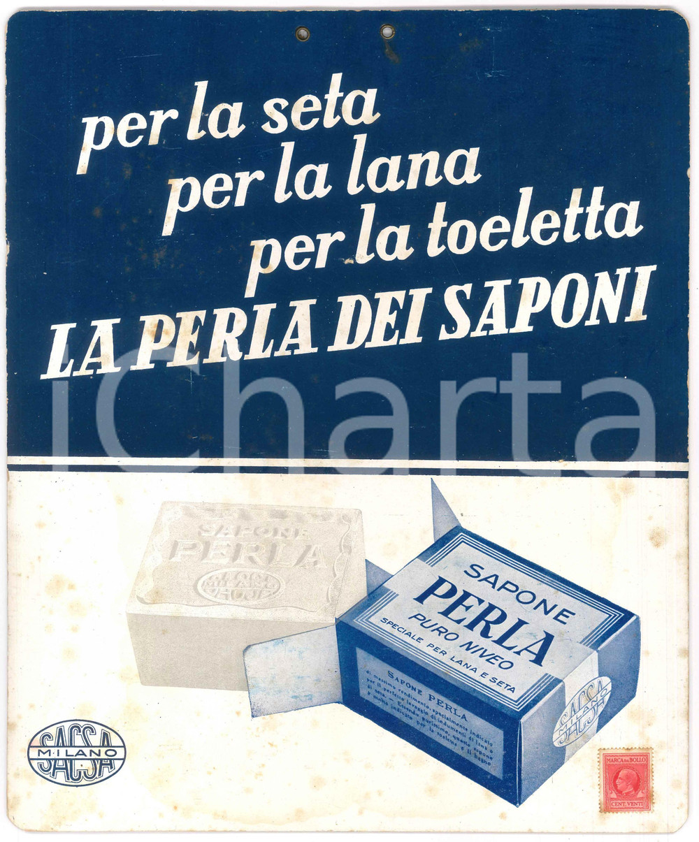 1940 ca MILANO Ditta SASCA - Sapone PERLA puro niveo - Pannello 25x30 cm Pannello pubblicitario d'epoca, su cartone rigido, con fori di affissione al lato superiore.CONDIZIONI: GFORMATO: 21x24 cm POOR/danneggiato fioriture recto/verso Formato: 25x30 cm originale e autentica 1