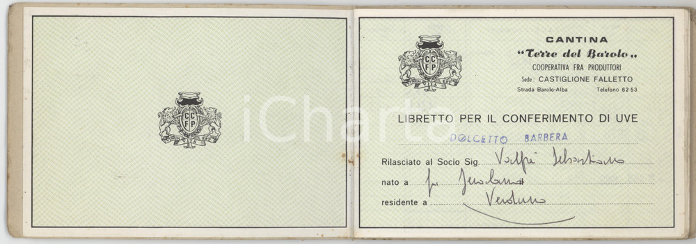 1977-1988 CASTIGLIONE FALLETTO Cantina TERRE DEL BAROLO - Libretto uve Libretto originale, con copertina rigida, per il conferimento di uve Dolcetto-Barbera.PAGINE: 20 GOOD/buono  Formato: 14x10 cm originale e autentica 1