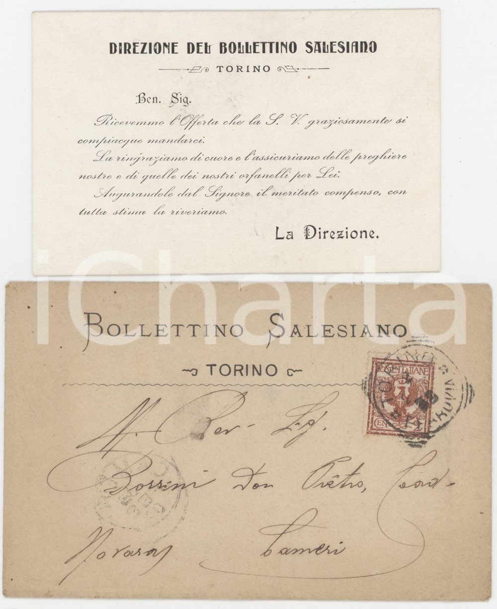 1907 TORINO Bollettino Salesiano - Biglietto per ringraziamento offerta