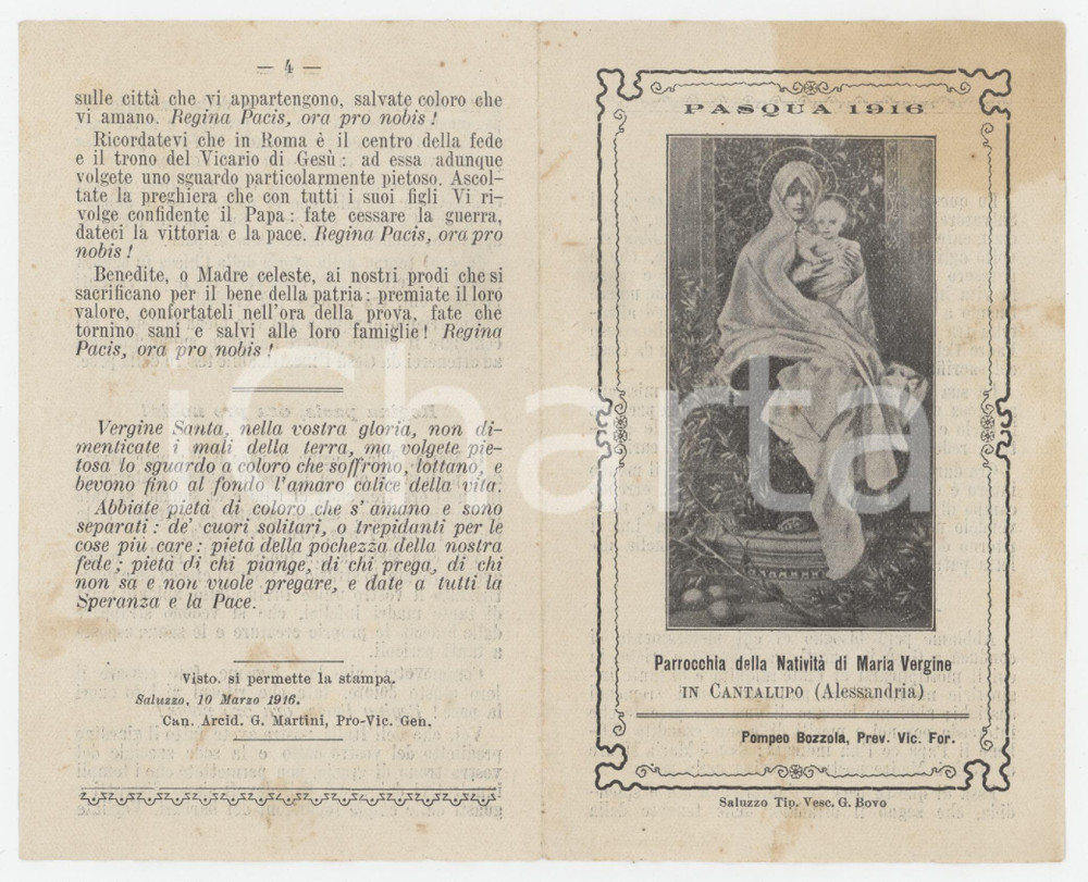 Pasqua 1916 CANTALUPO (AL) Parrocchia Natività Maria Vergine *Preghiera