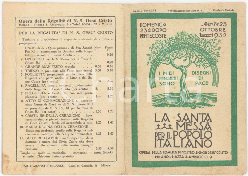 1932 MILANO La Santa Messa per il popolo italiano - Domenica 23^ dopo Pentecoste Pubblicazione originale d'epoca.PAGINE: 24 FAIR/discreto lievi macchie in copertina Formato: 11x15 cm originale e autentica 1