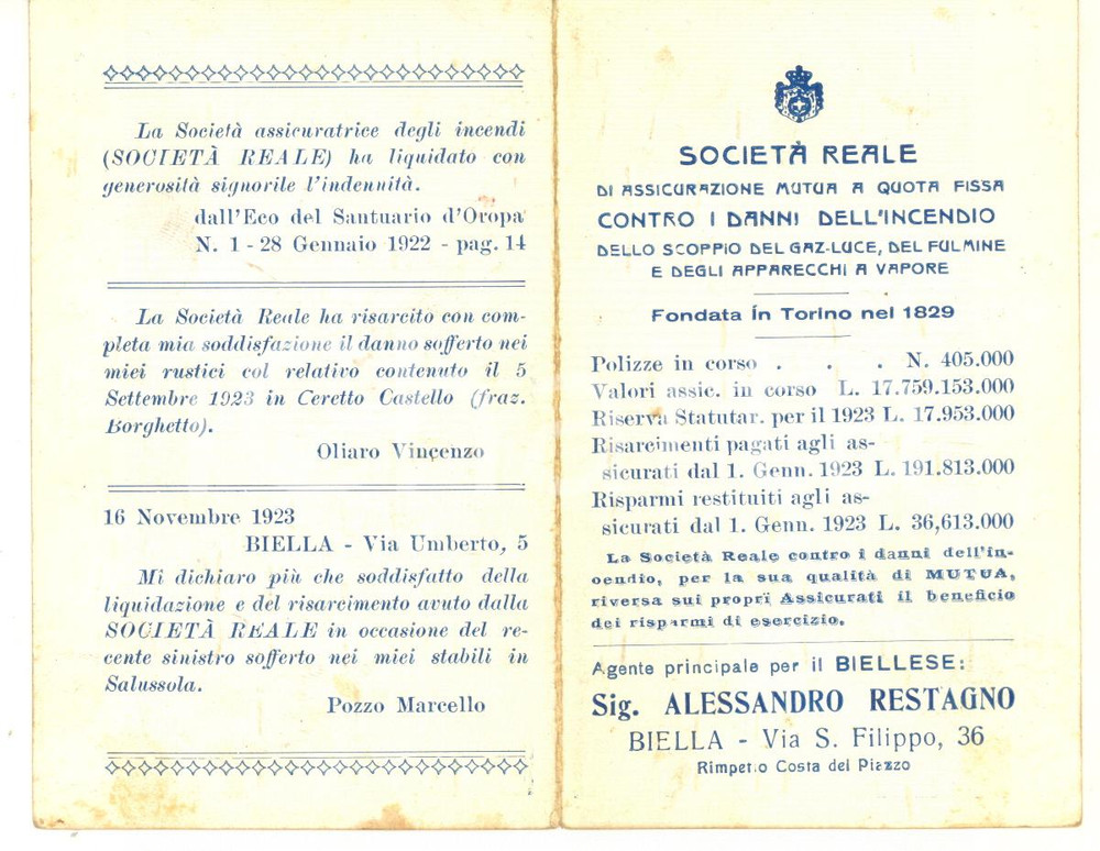1924 BIELLA Società REALE MUTUA - Calendario tascabile pubblicitario