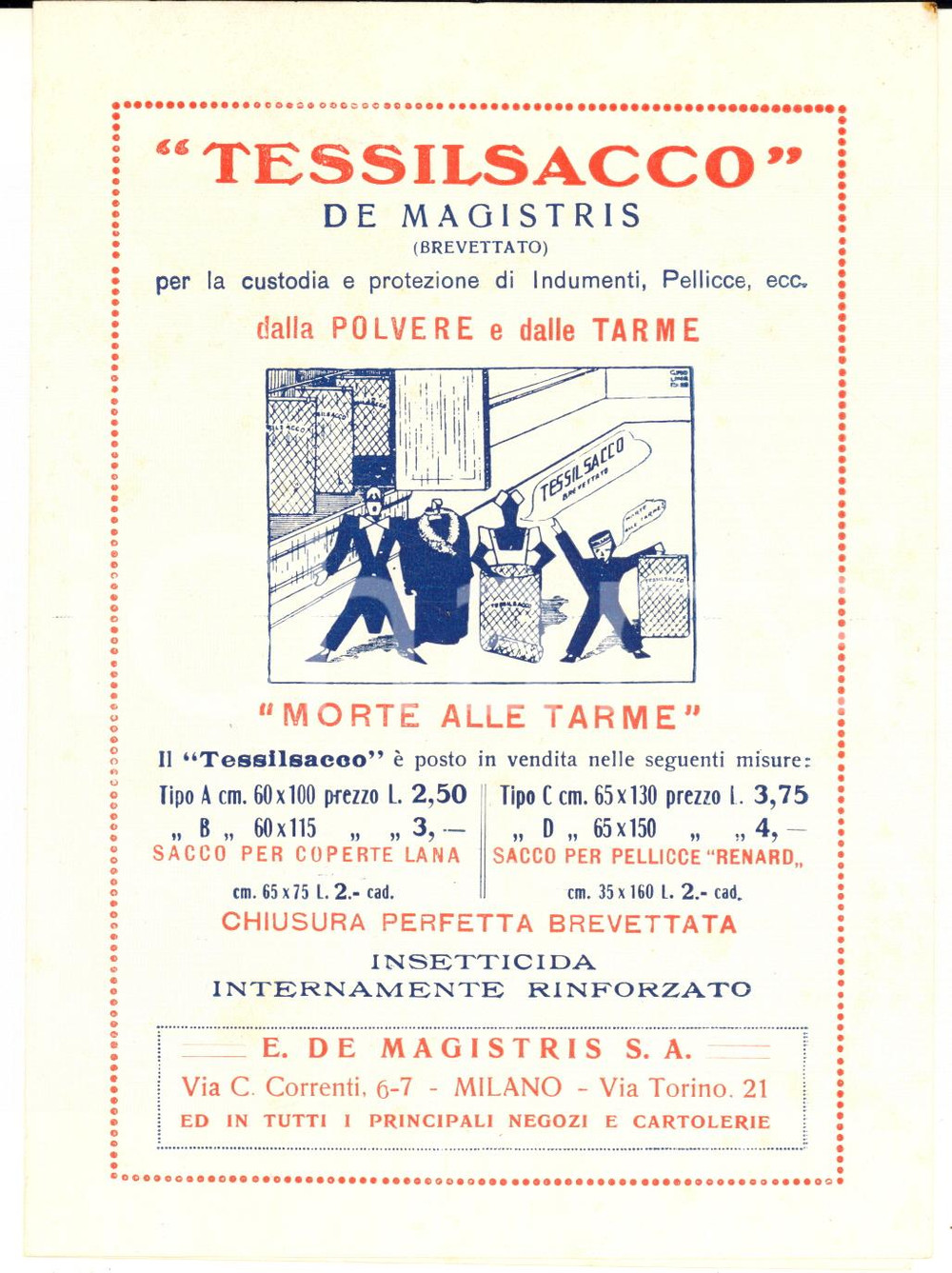 Materiale pubblicitario d’epoca 1932 MILANO Via C. Correnti 6/7 E. DE MAGISTRIS  TESSILSACCO Morte alle tarme 1