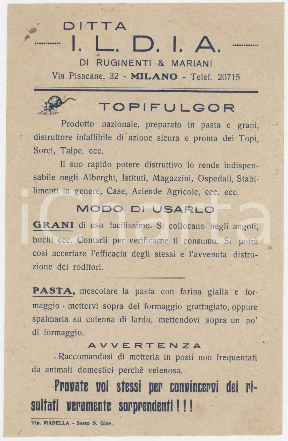 Materiale pubblicitario d’epoca 1940 ca MILANO Via Pisacane 32 I.L.D.I.A. TOPIFULGOR veleno per topi Volantino 1