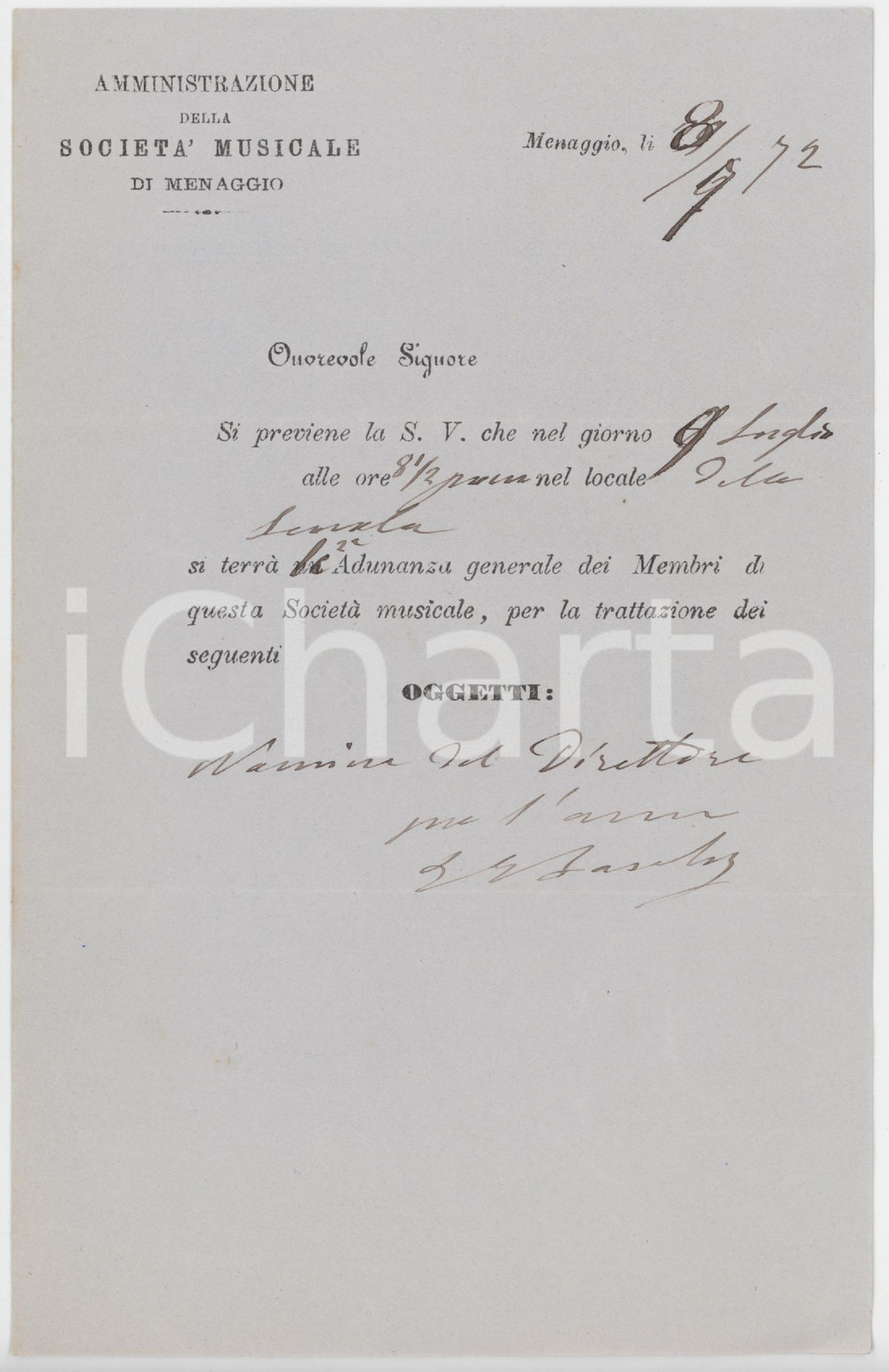 1872 MENAGGIO Società Musicale - Convocazione assemblea per nomina del direttore
