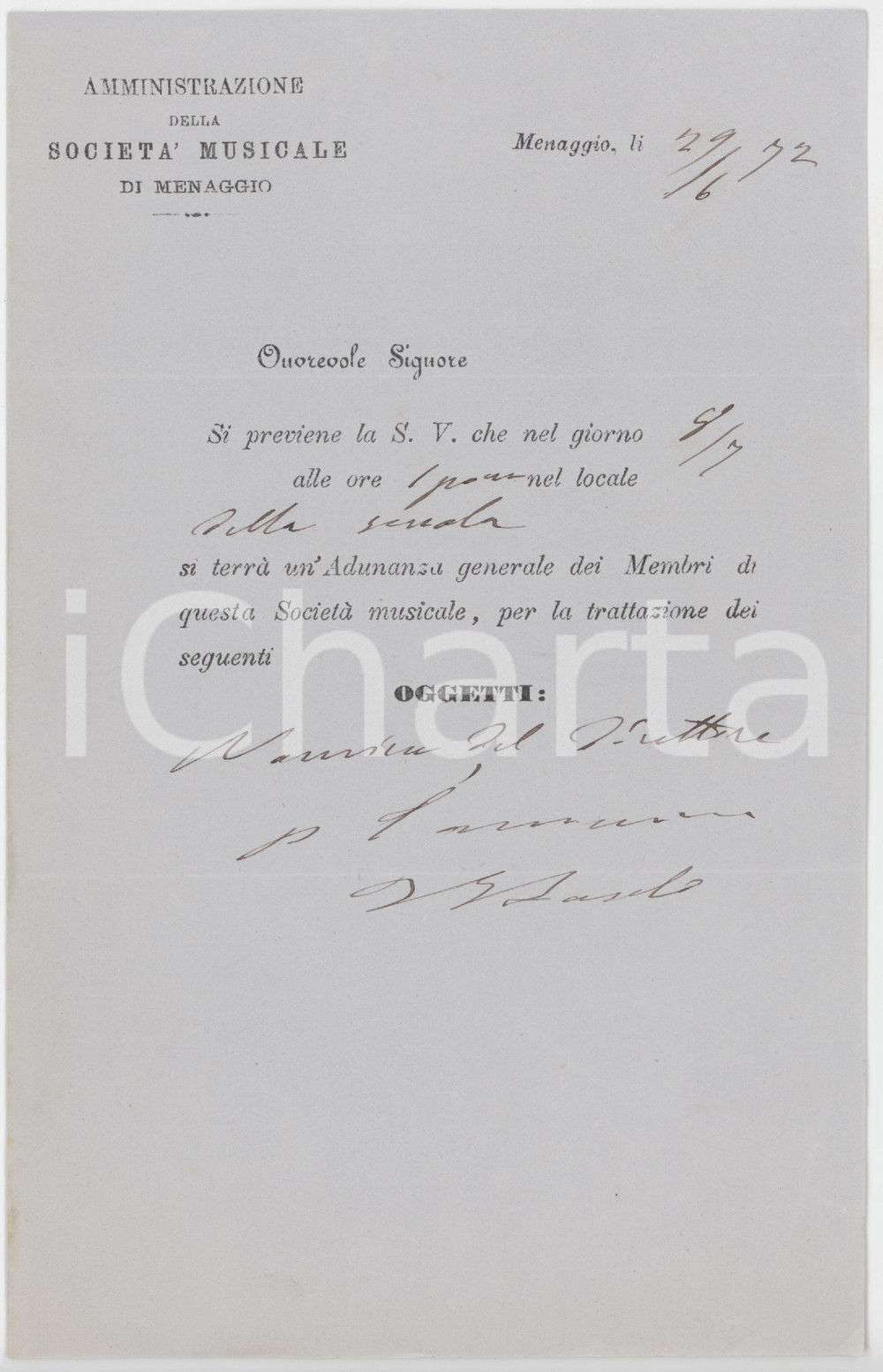 1872 MENAGGIO SocietÃ  Musicale - Convocazione assemblea per nomina direttore Lettera a stampa, con inserti manoscritti, su carta intestata.PAGINE: 4 (3 bianche) FAIR/discreto piegature d'epoca  originale e autentica 1