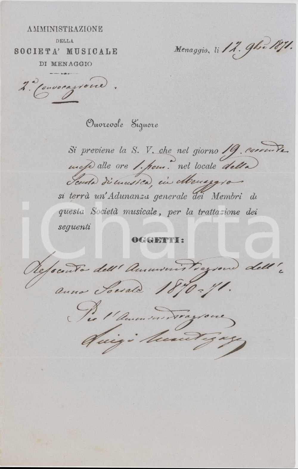 1871 MENAGGIO SocietÃ  Musicale - Convocazione assemblea per resoconto Lettera a stampa, con inserti manoscritti, su carta intestata.PAGINE: 4 (3 bianche) FAIR/discreto piegature d'epoca  originale e autentica 1