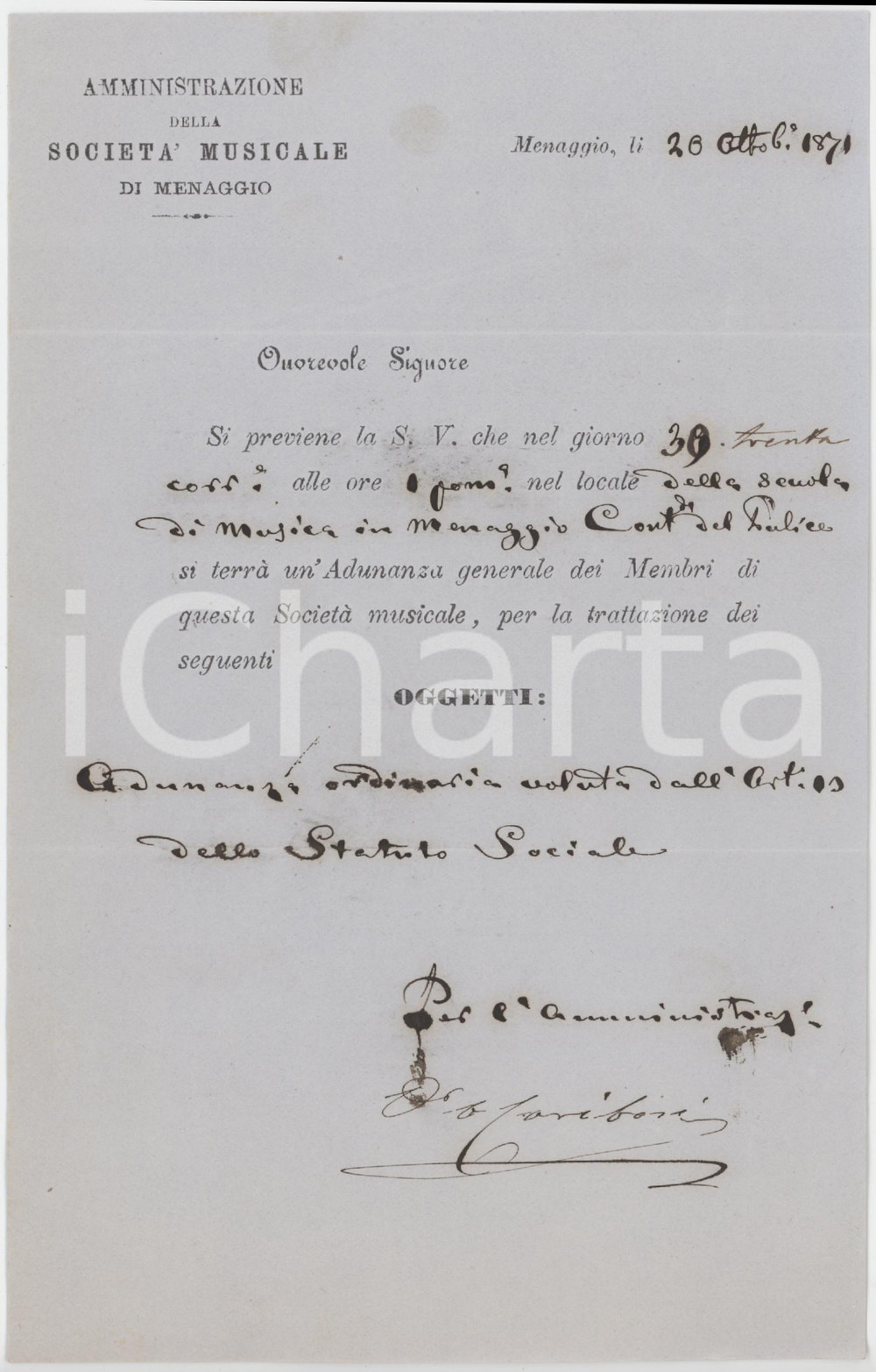 1871 MENAGGIO SocietÃ  Musicale - Convocazione assemblea generale Lettera a stampa, con inserti manoscritti, su carta intestata.PAGINE: 4 (3 bianche) FAIR/discreto piegature d'epoca  originale e autentica 1