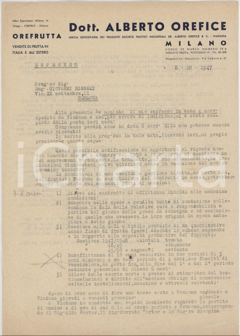 1947 MILANO Dott. Alberto OREFICE Frutteti industriali - Lettera commerciale Lettera commerciale su carta intestata.PAGINE: 1 (2 facciate) POOR/danneggiato piegature d'epoca e strappo marginale  originale e autentica 1