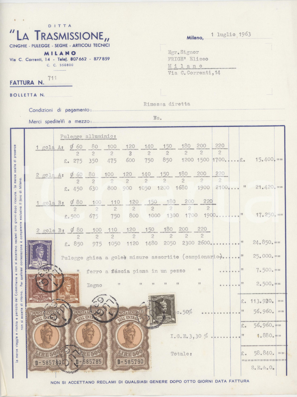 1963 MILANO via Cesare Correnti *LA TRASMISSIONE Articoli tecnici *Fattura 1 Fattura commerciale d'epoca, dattiloscritta, su carta intestata, con bolli.PAGINE: 1 FAIR/discreto piegature d'epoca; fori da spillatura, con minime tracce di ruggine  originale e autentica 1