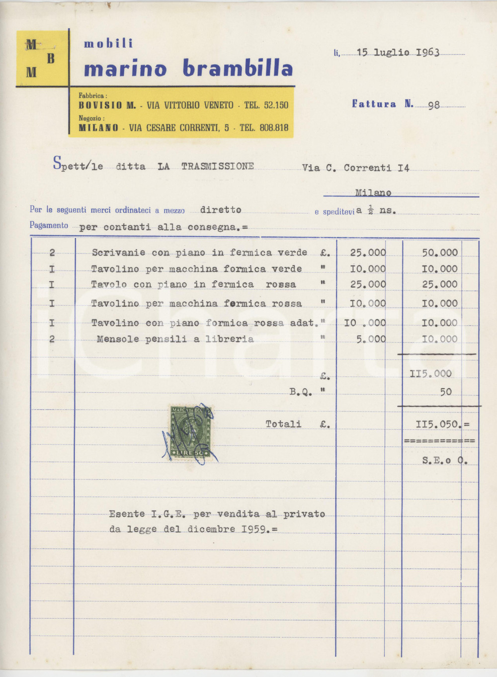 1963 MILANO via Cesare Correnti - Marino BRAMBILLA mobili - Fattura Fattura commerciale d'epoca, dattiloscritta, su carta intestata, con bolli.PAGINE: 1 FAIR/discreto piegature d'epoca  originale e autentica 1