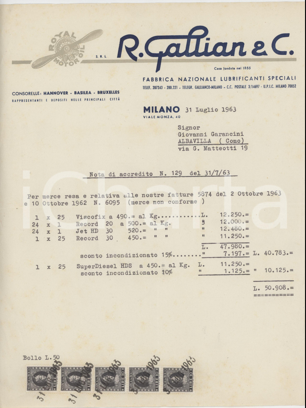 1963 MILANO Fabbrica R. GALLIAN Lubrificanti speciali *Nota di accredito Documento commerciale d'epoca, su carta intestata, con bolli.PAGINE: 1 FAIR/discreto piegature d'epoca e gualciture  originale e autentica 1
