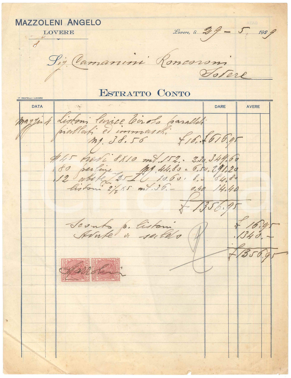 1929 LOVERE (BG) Angelo MAZZOLENI Negoziante legnami - Estratto conto