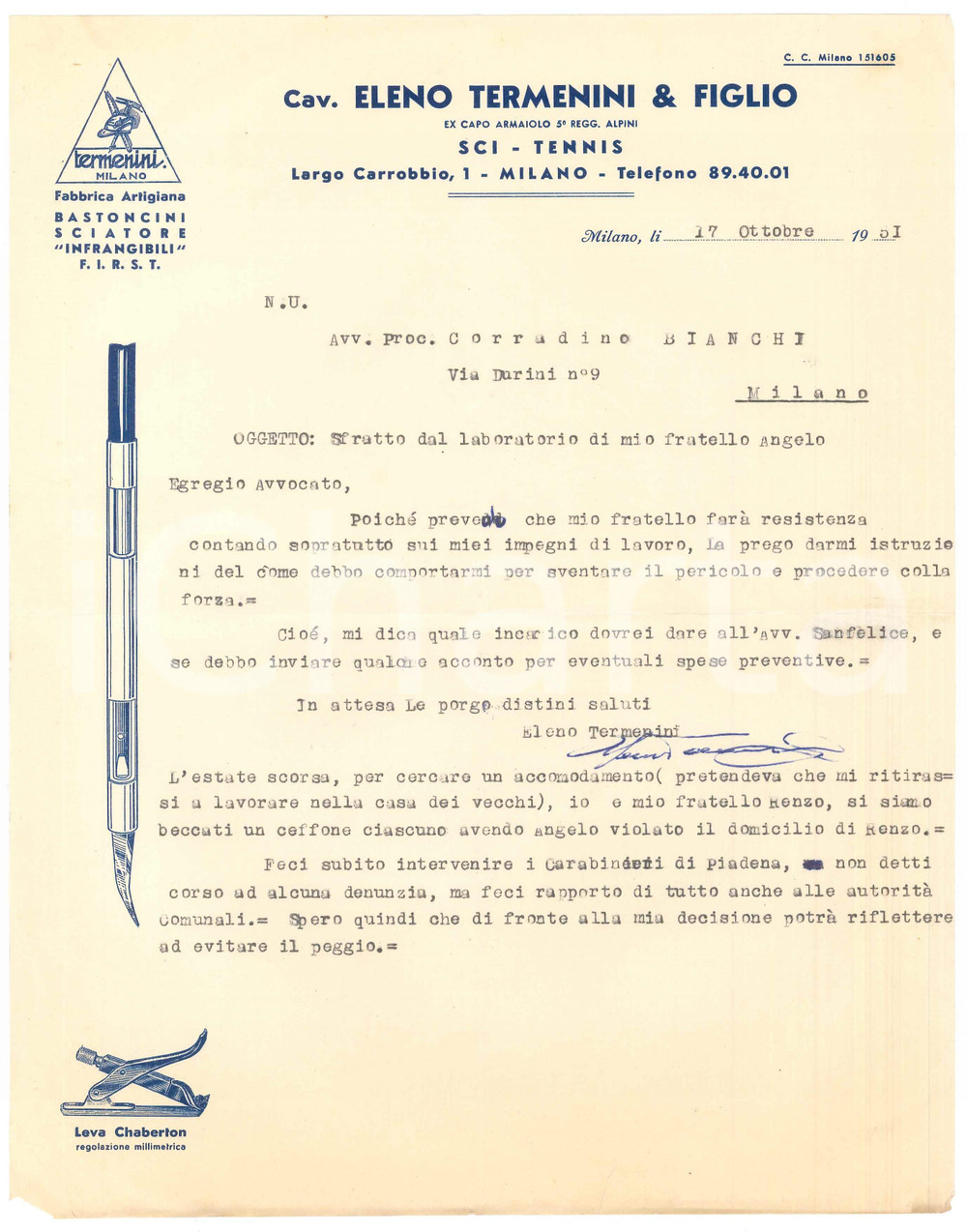 1951 MILANO Cav. Eleno TERMENINI Fabbrica bastoncini da sci - Lettera