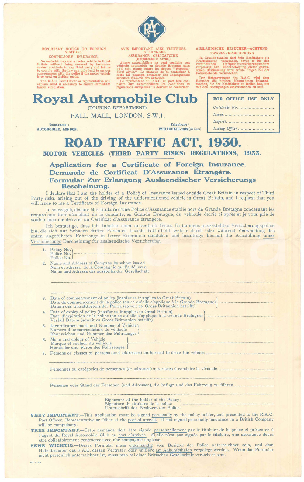 1935 ca LONDON Royal Automobile Club - Application Certificate Foreign Insurance